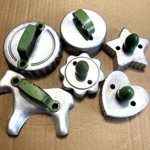 6 Vintage Metal Wood Handle Cookie Cutters Green Country Primitive Farm House